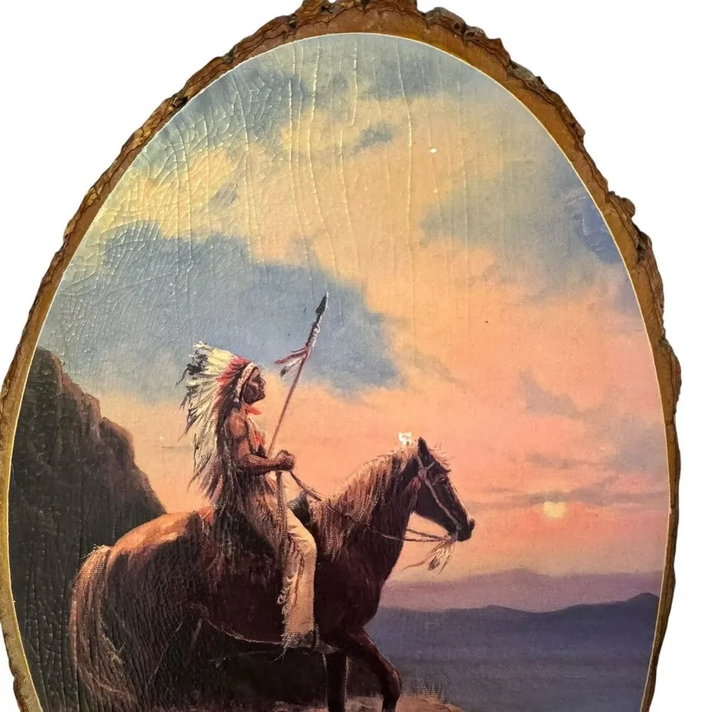 Vtg Wood Hand Painted Native‎ American Lincoln Silver And Montana Sunset Horse